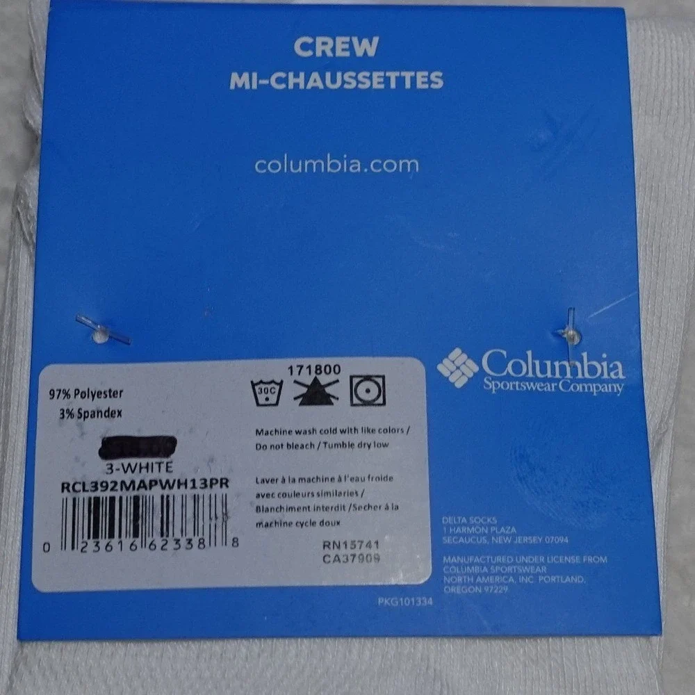 PACK OF 3 Columbia PFG Crew Socks Men's 6-12 White Performance Fishing Gear